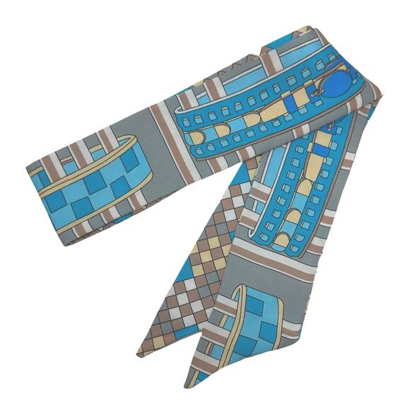 Unique Printed Skinny Twilly Scarf Blue Taupe Yellow - Picture 1 of 2